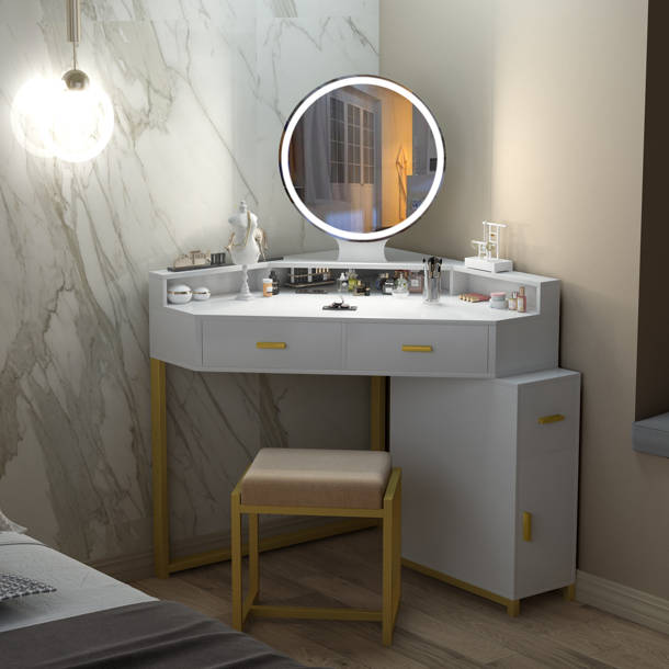 17 Stories Corner Vanity Desk with Lighted Mirror and Stool Wayfair